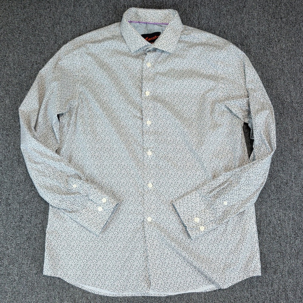 Egara Slim Fit Stretch Shirt Mens Large White Black Micro Leaf Print Cotton L — photo 2